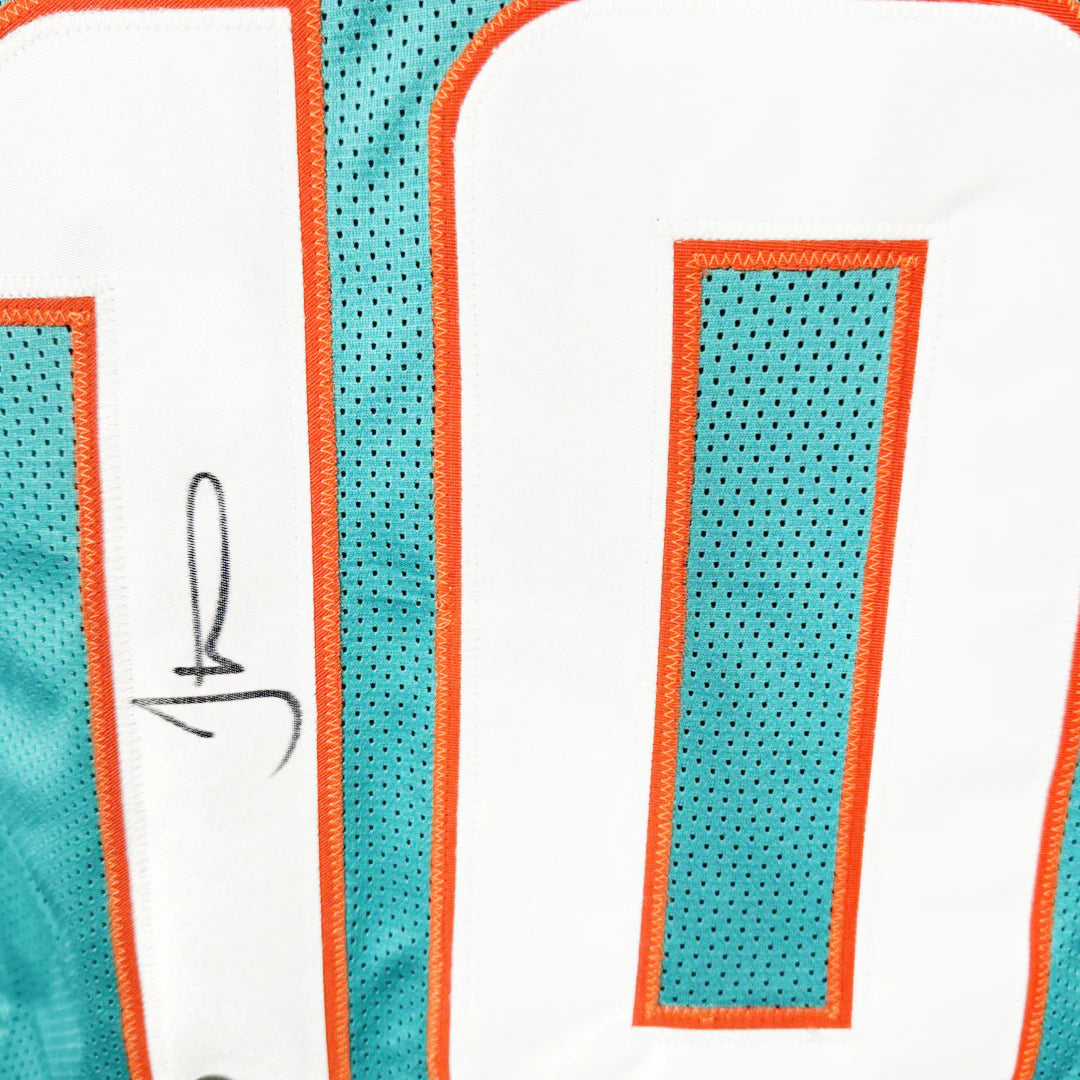 Tyreek Hill Autographed Miami Teal Football Jersey with Beckett Certification Closeup
